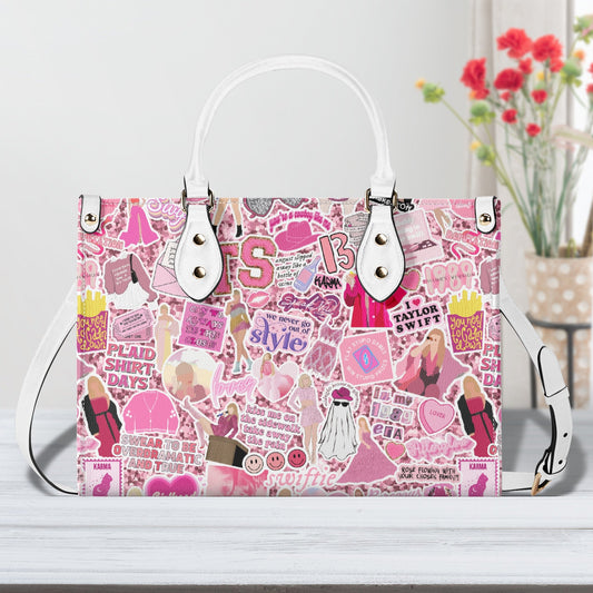 Popstar Taylor Pink Sticker Collage V2 Luxury Vegan Leather Satchel Top Handle Handbag with Strap - Wonderland Gift Co